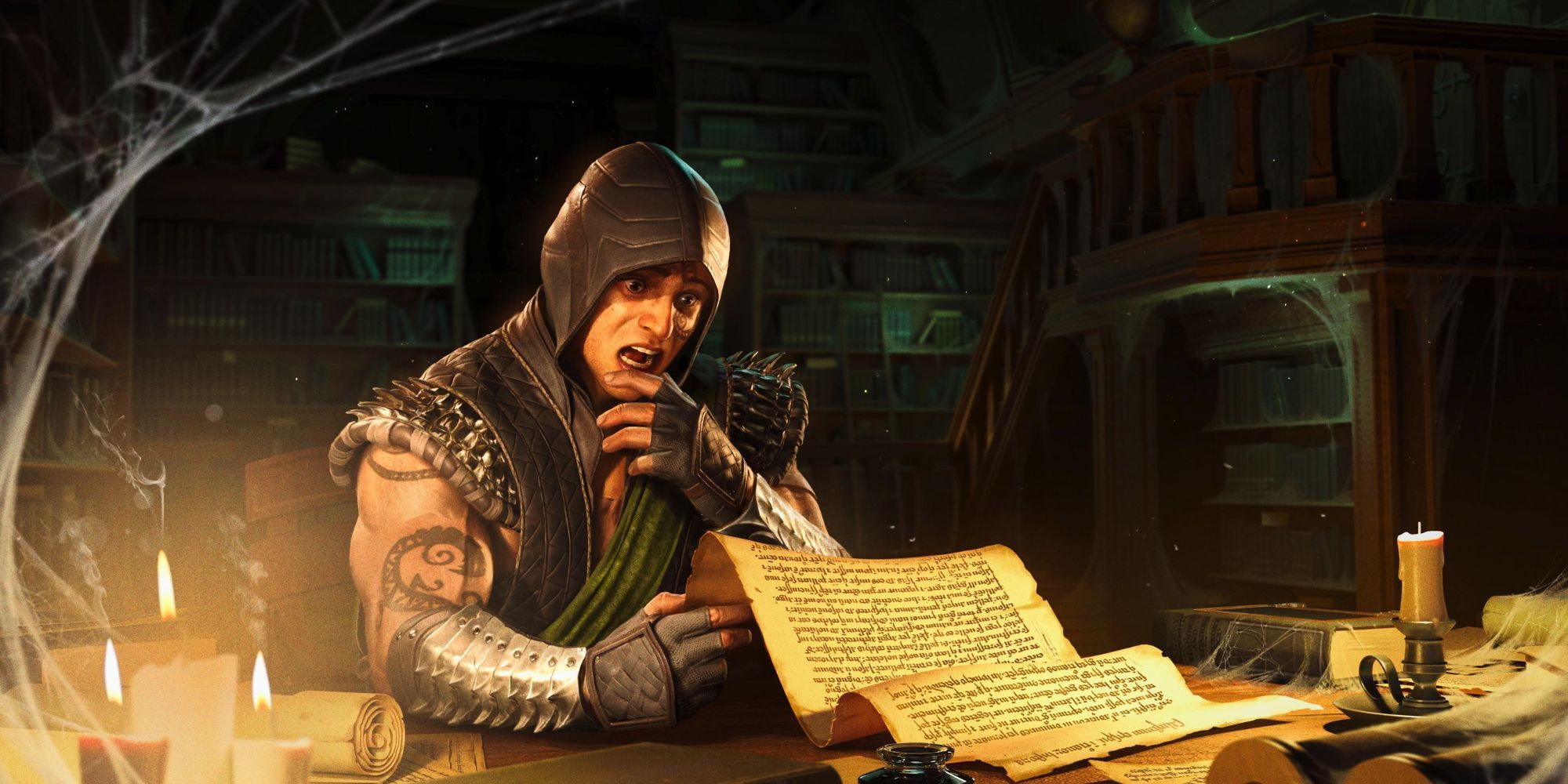 Reptile looks shocked while reading documents in a dark room in Mortal Kombat 1.