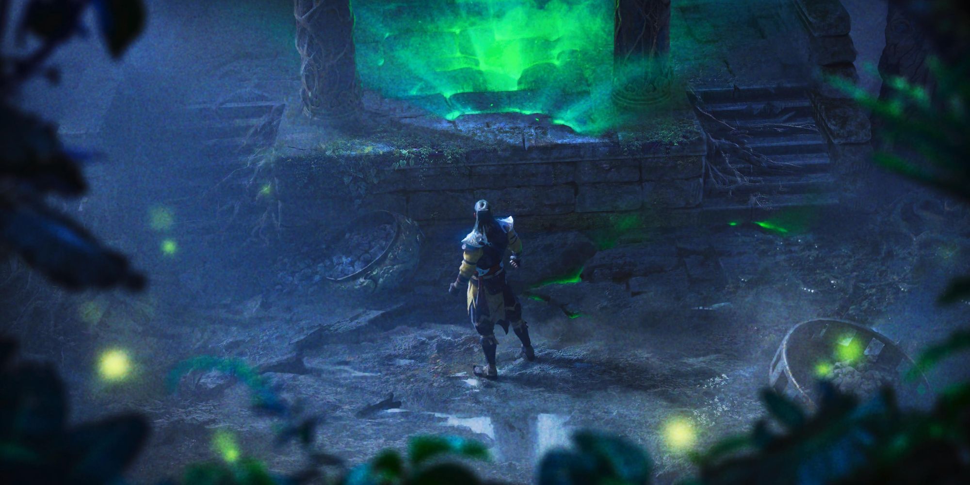 Shang Tsung discovers an island at night in Mortal Kombat 1.