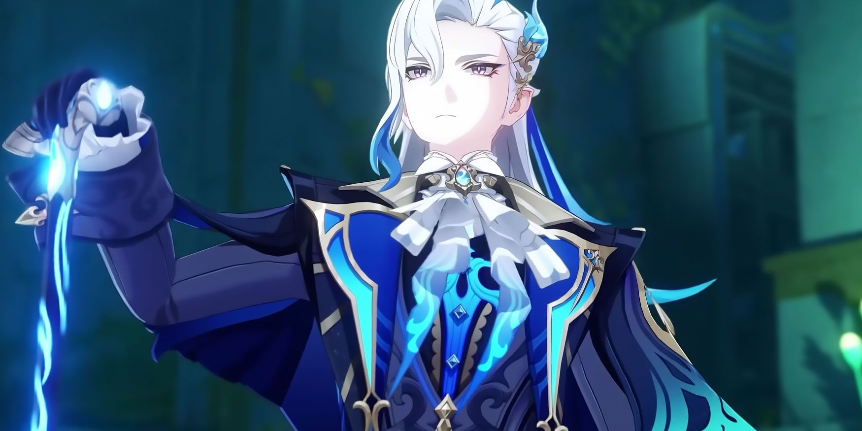 Neuvilette holding his cane up in Genshin Impact.