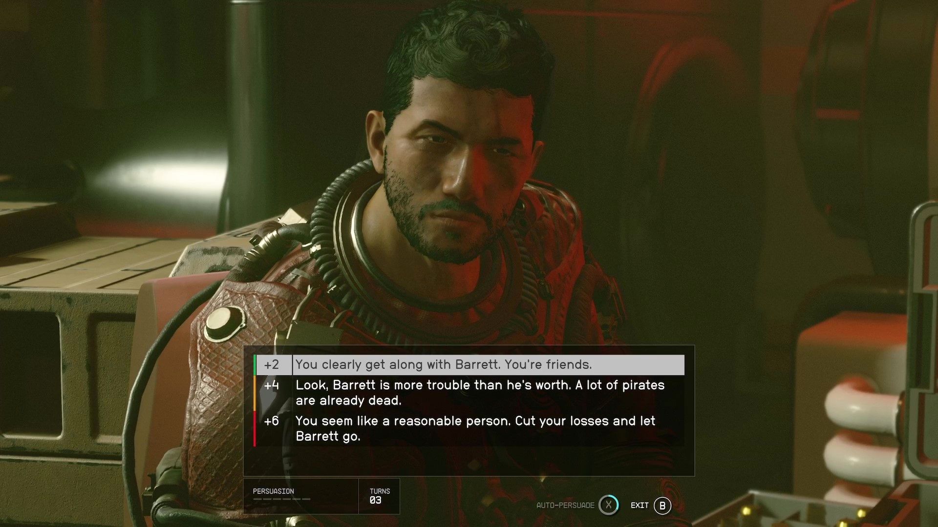 Matsura the Grim listens as you try to persuade him to let Barrett go.