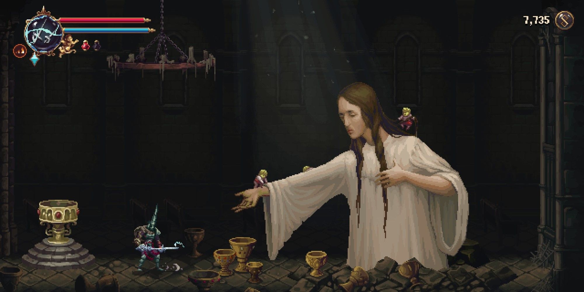 A screenshot showing Our Lady of the Chalices in Blasphemous 2