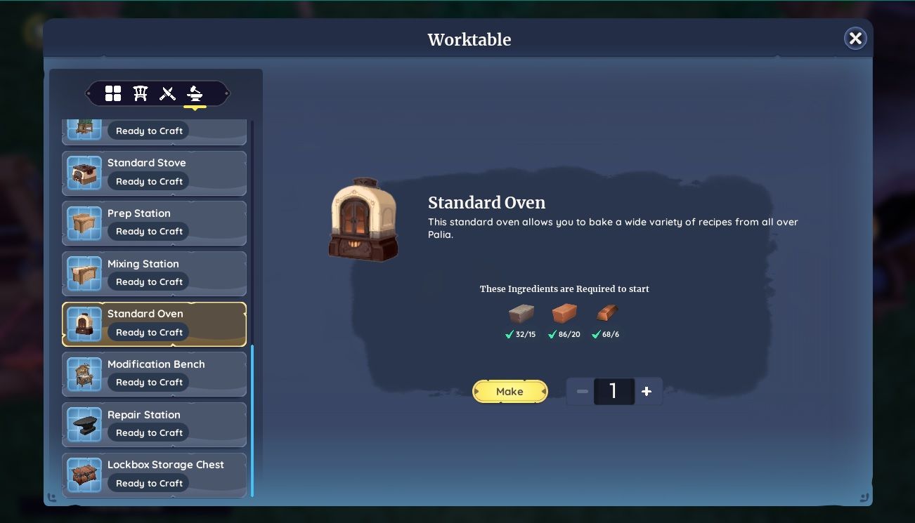 Player character in the workbench UI and showing the Standard Oven recipe and needed ingredients in Palia.