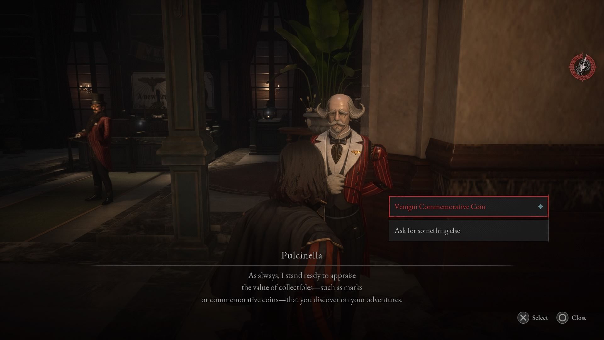 P interacting with Pulcinella and the dialogue option is Venigni Commemorative Coin Lies of P