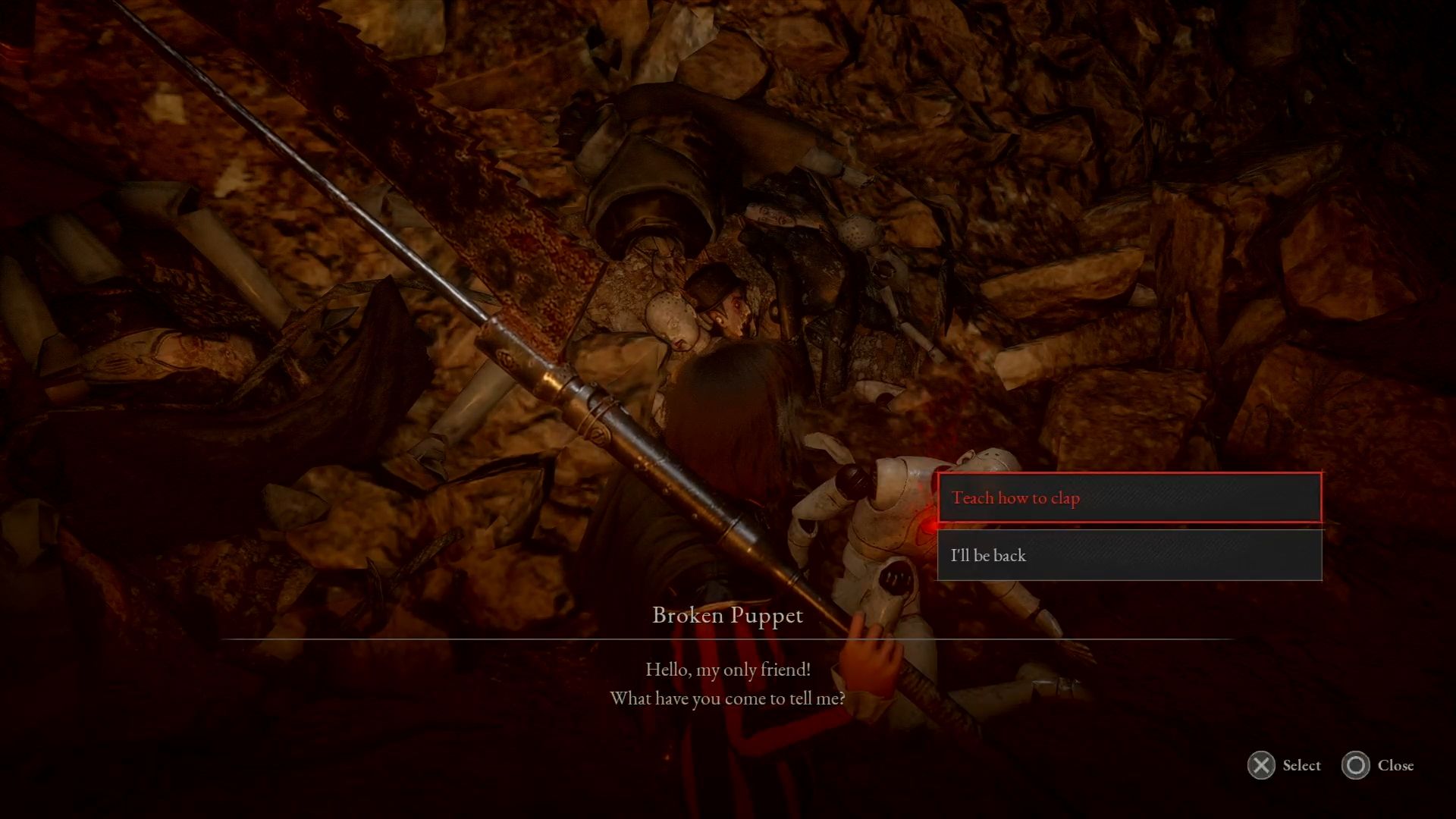 P interacting with the Broken Puppet and has the choice to teach him Clap Lies of P