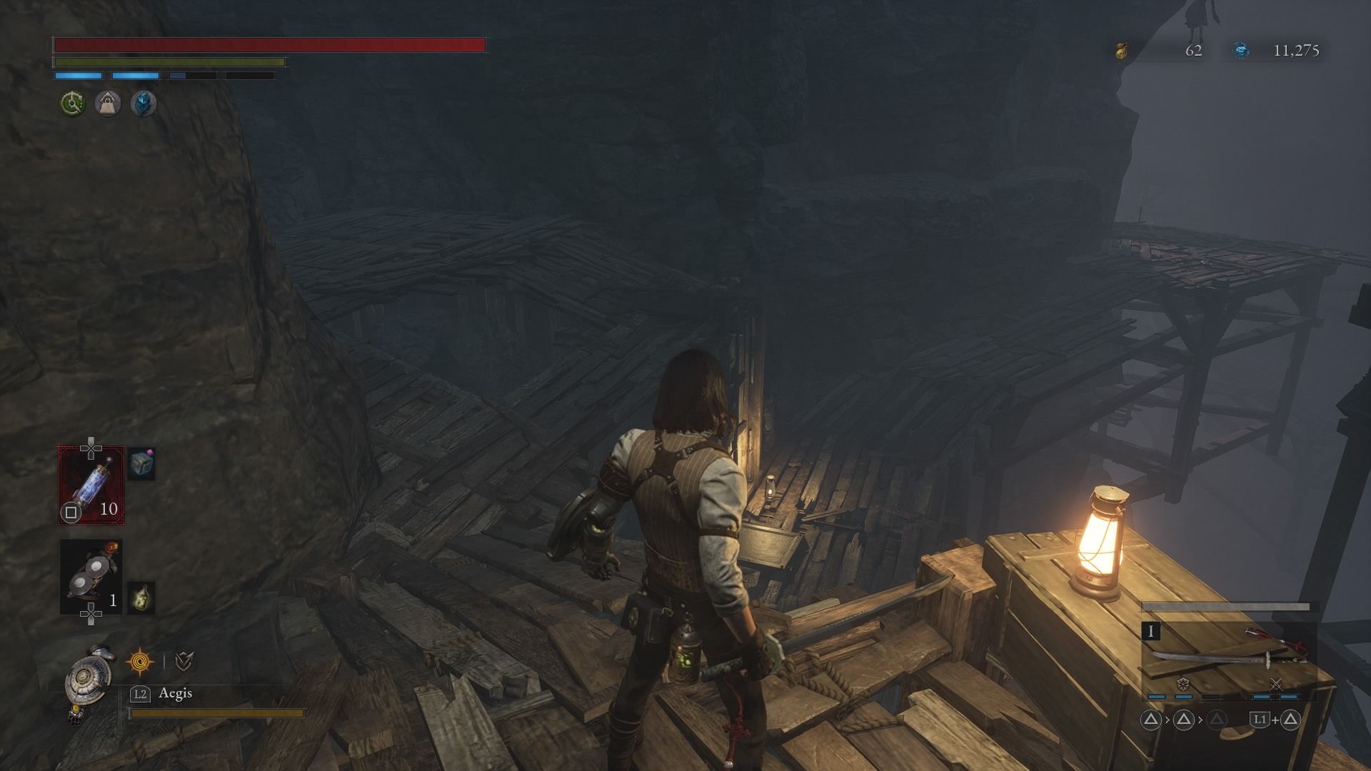 P looking at the rooftop of a wooden building in front of him Lies of P