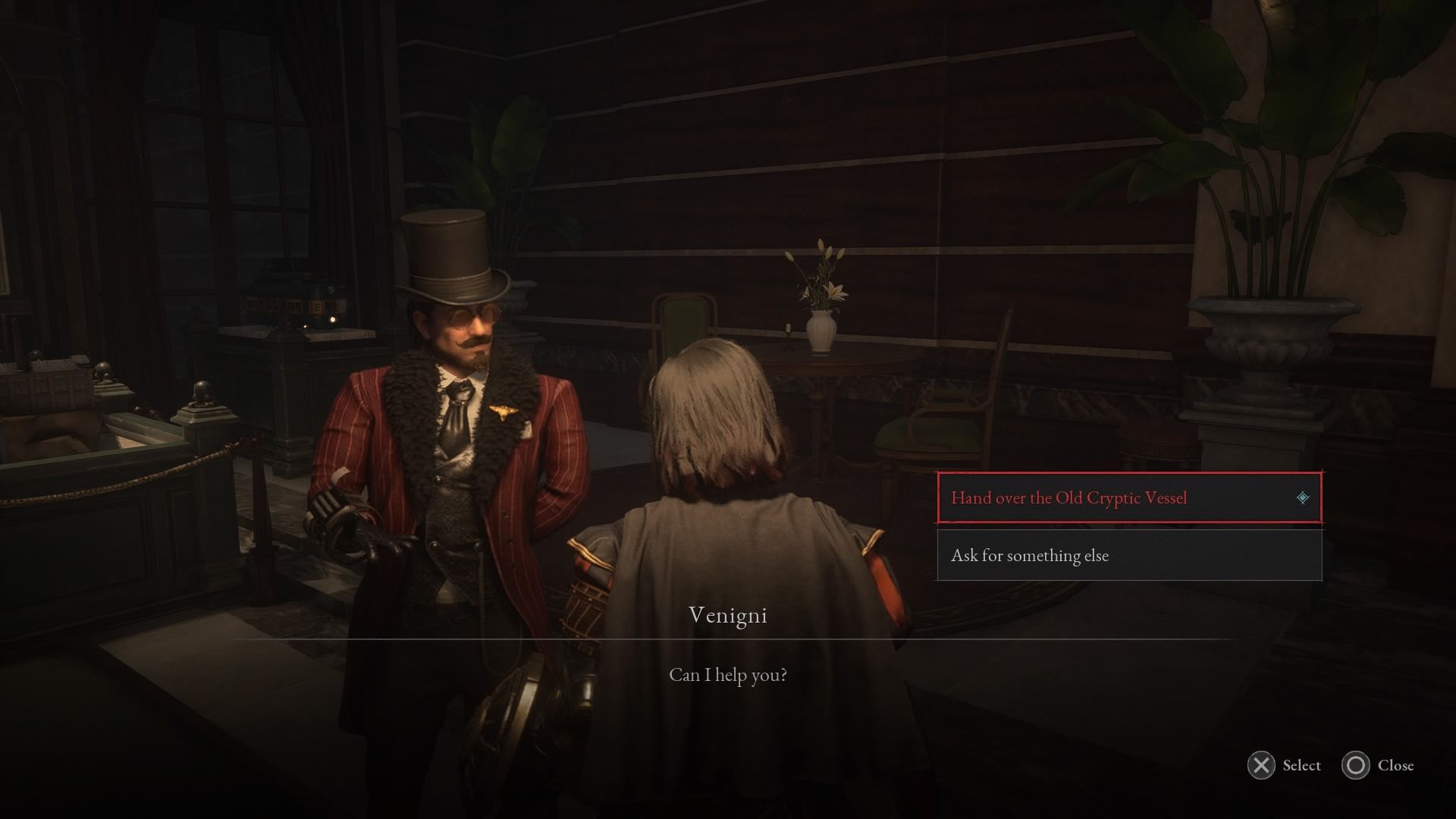 P speaking with Venigni with the dialogue option Hand over the  Old Cryptic Vessel Lies of P