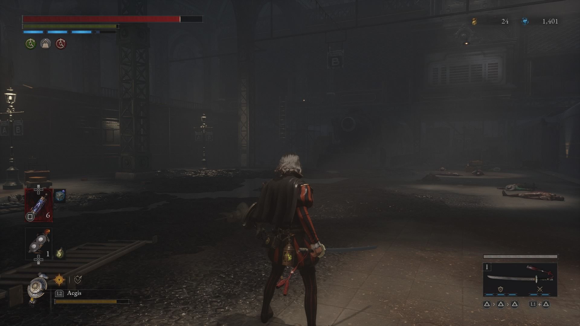 P standing in an open area where he fought the powerful enemy Lies of P