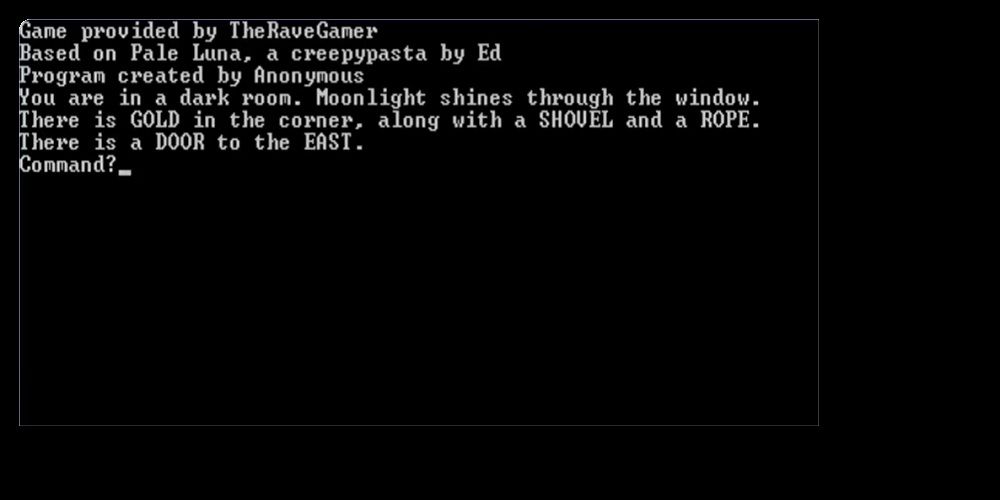Pale Luna screenshot showing white text on a black screen describing the scene and waiting for the command.
