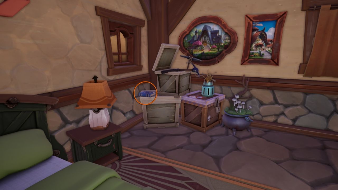 Palia blue recipe book on a stack of crates in the corner of Hodari's bedroom. 