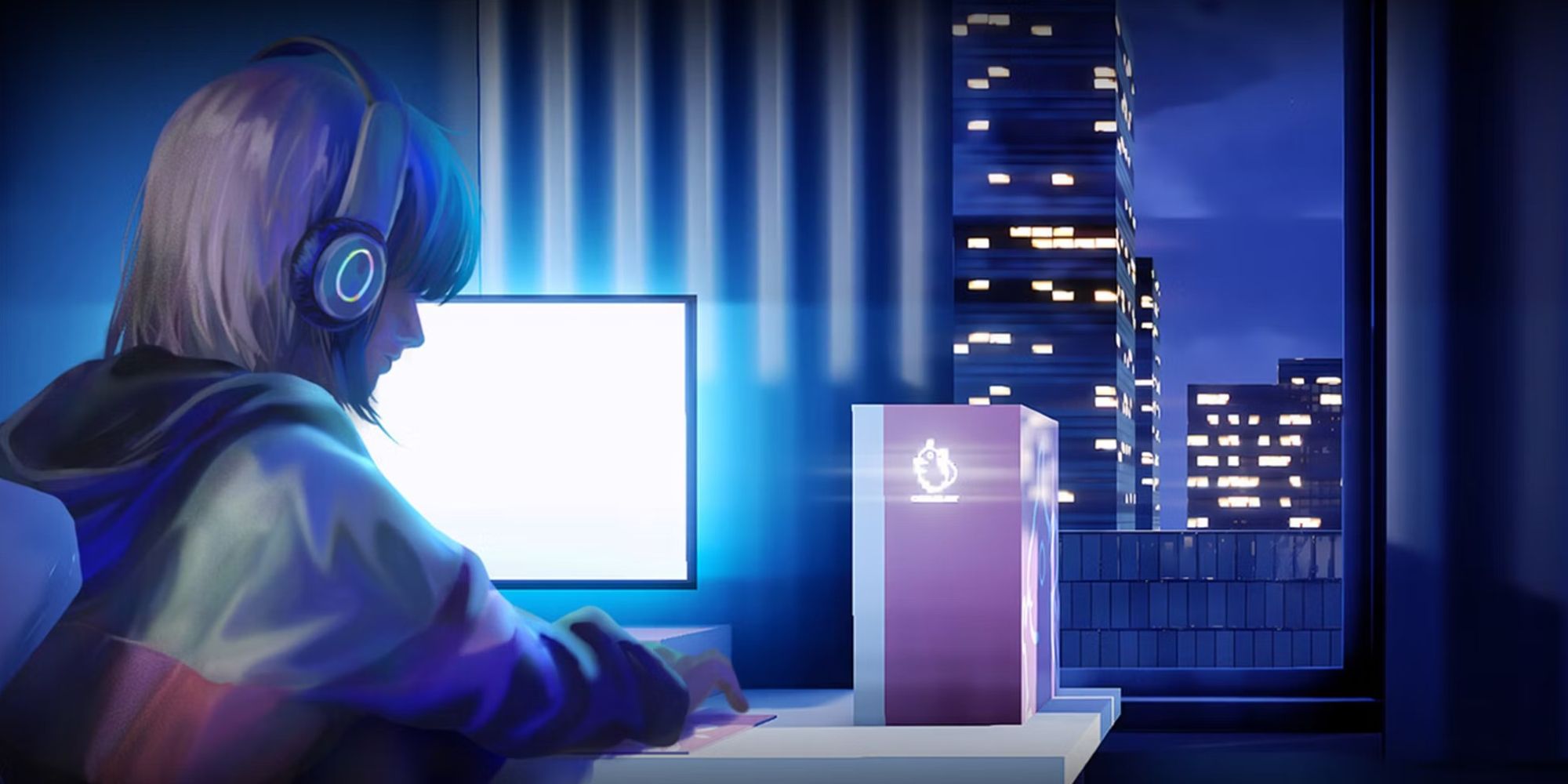 An image of the horror game Parasocial of a girl using her PC with headphones on.