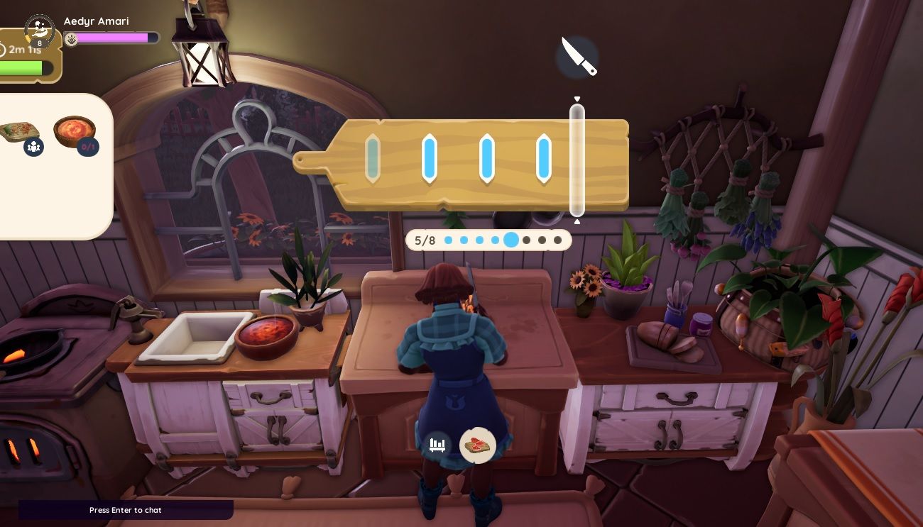 Player character doing the cutting mini-game while cooking and has five of the eight circles lit on the bottom bar in Palia.