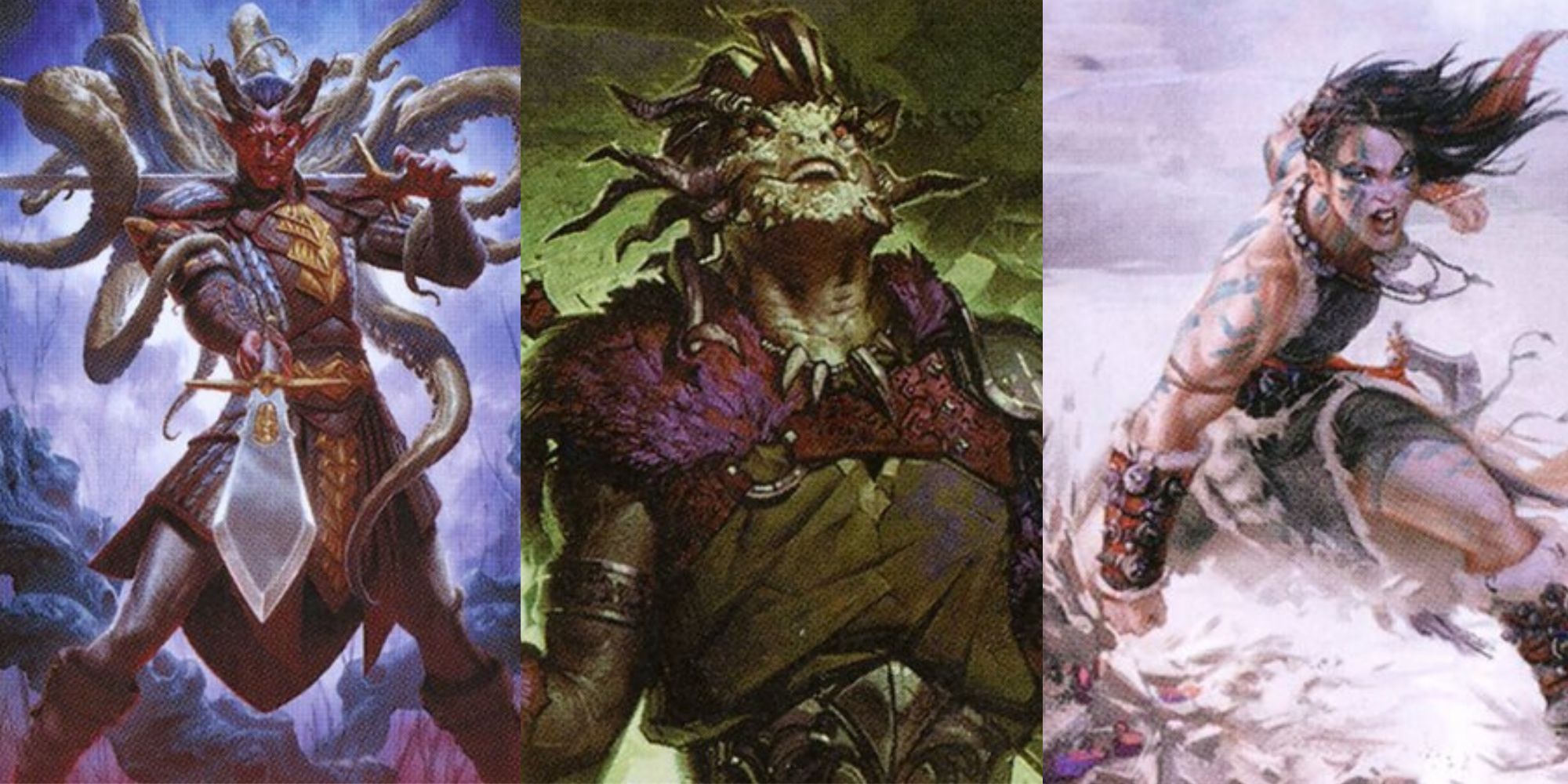 A collage of three different images of barbarians, a tiefling, a dragonborn, and a human
