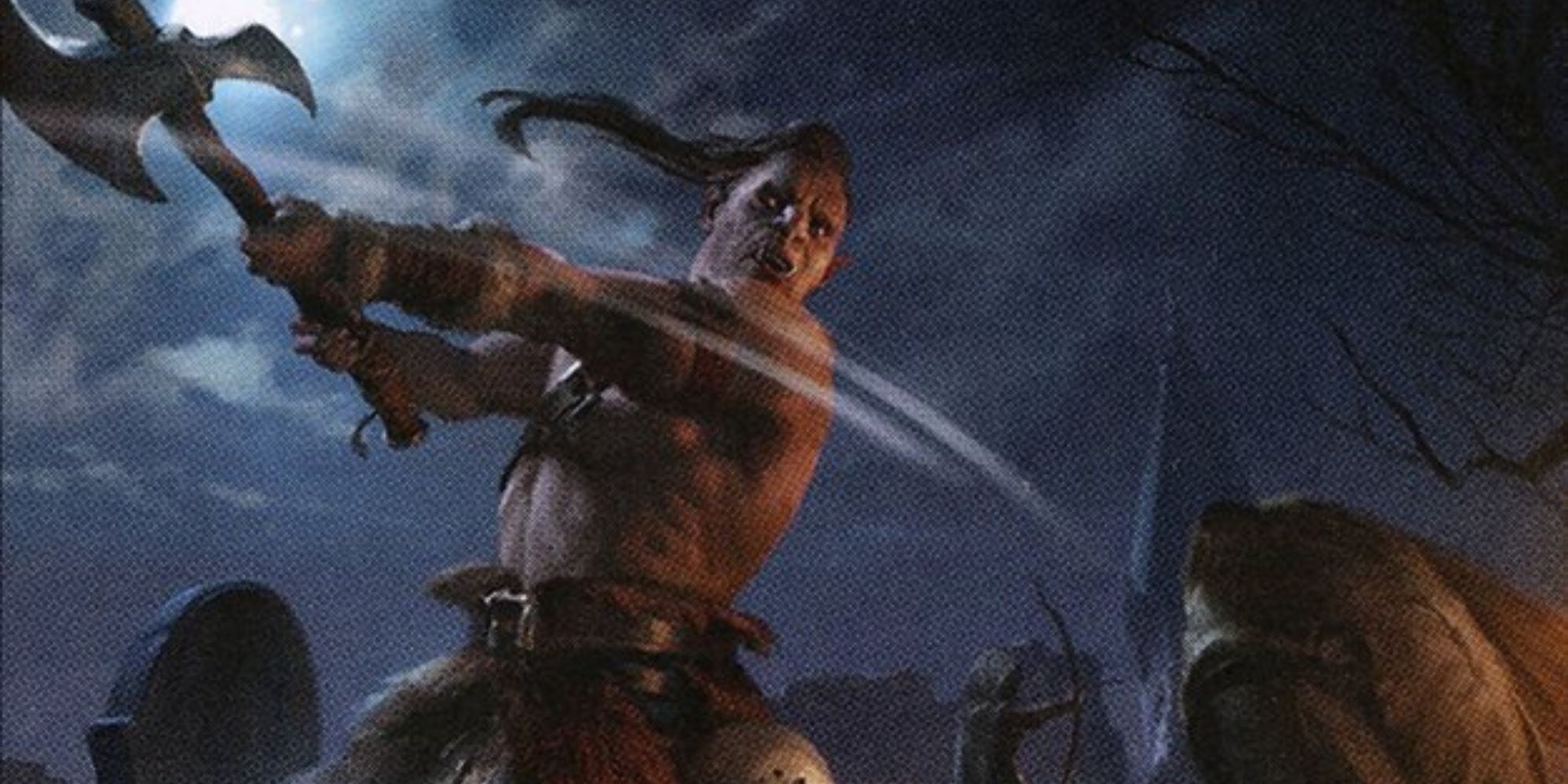 Artwork of a half-orc barbarian decapitating an opponent with an axe