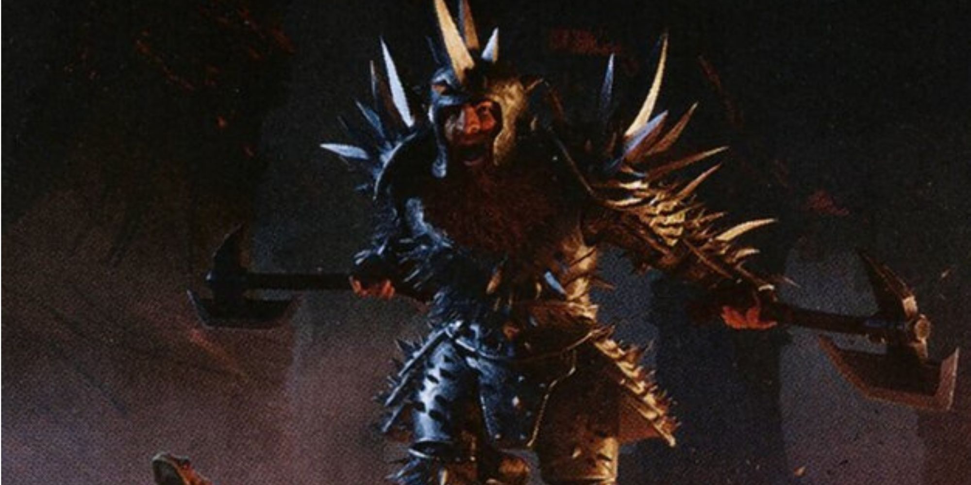 A Dwarf barbarian in spiked armor charging into battle. A frog is in the foreground.
