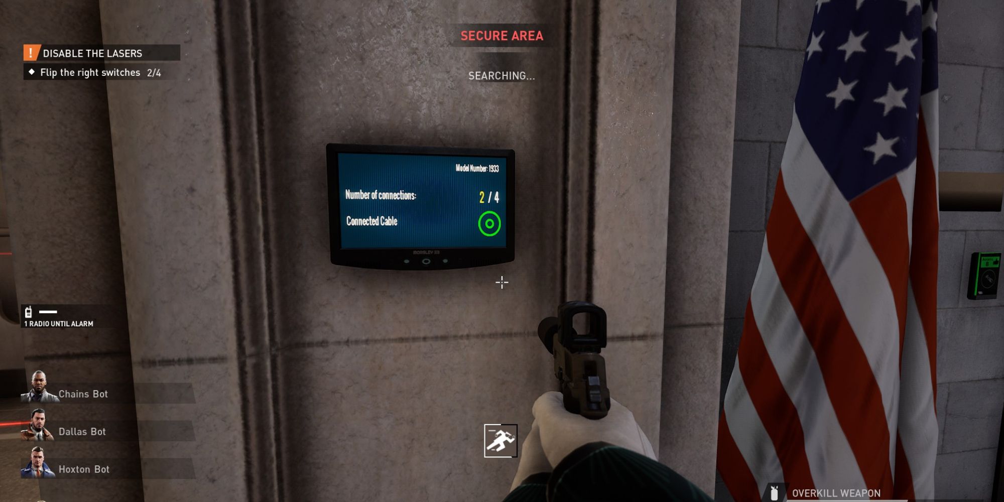 a monitor displaying the green electrical switch in payday 3