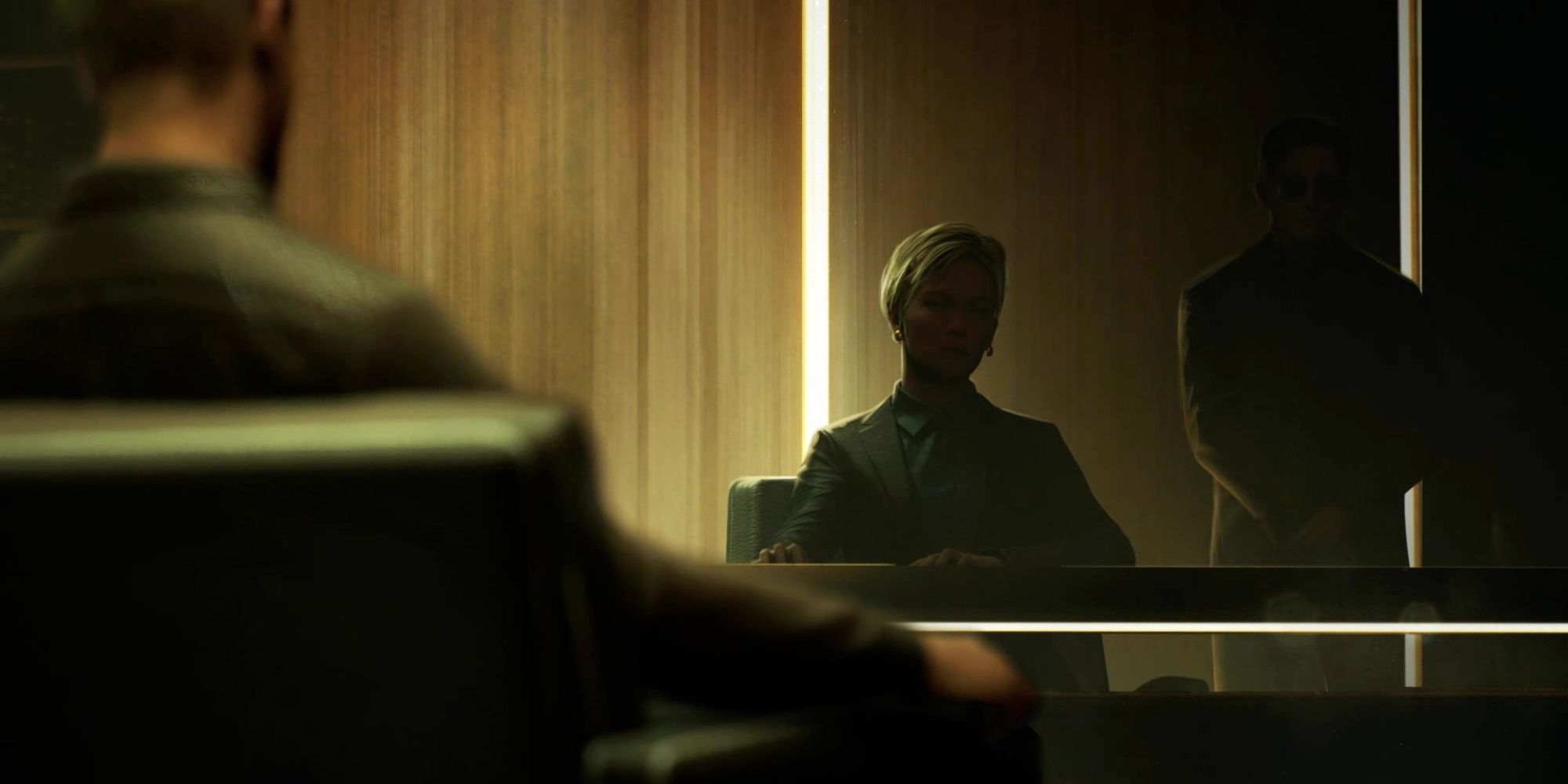 sharke behind a desk with her face obscured in payday 3
