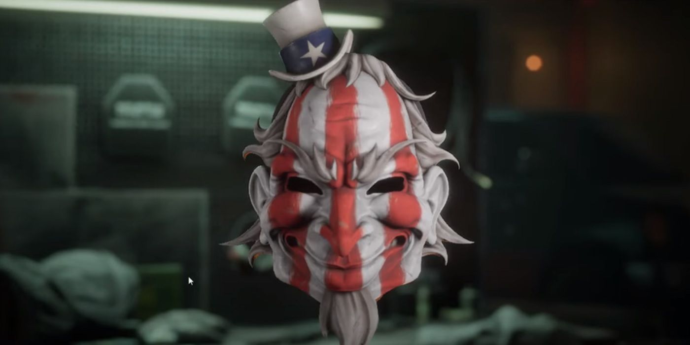 Payday 3 Striped Sam mask, Uncle Sam inspired mask covered with red and white stripes with a creepy expression