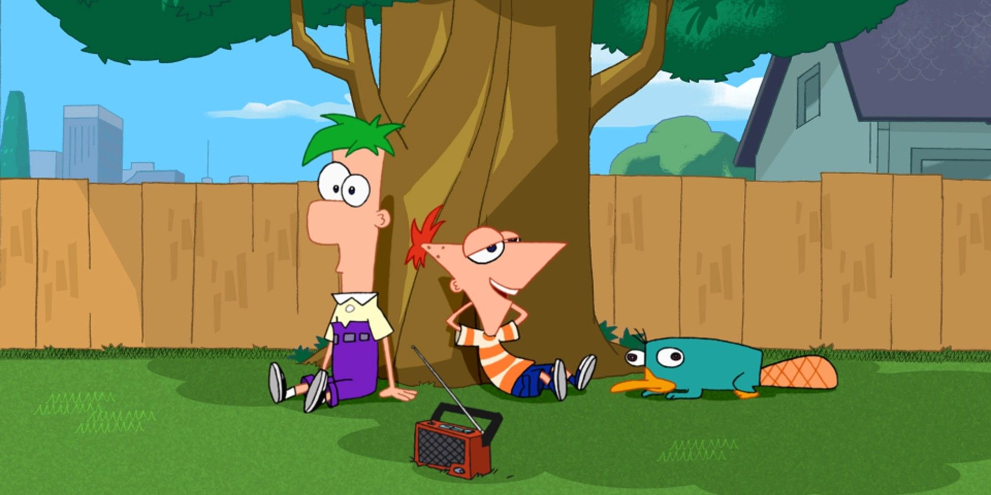 Phineas, Ferb, and Perry the Platypus chilling under a tree