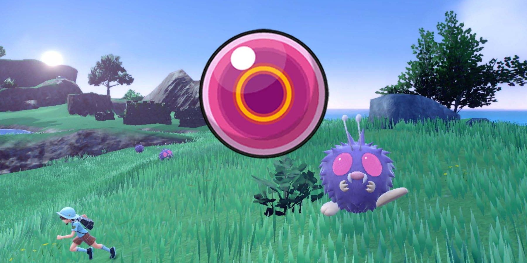 Pokemon Scarlet and Violet Player Running In Field From Venonat With Life Orb Sprite