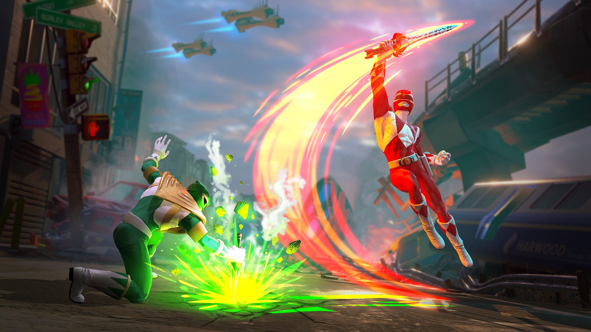 Key Art for Power Rangers Battle for the Grid, featuring the Green Ranger facing off against the Red Ranger