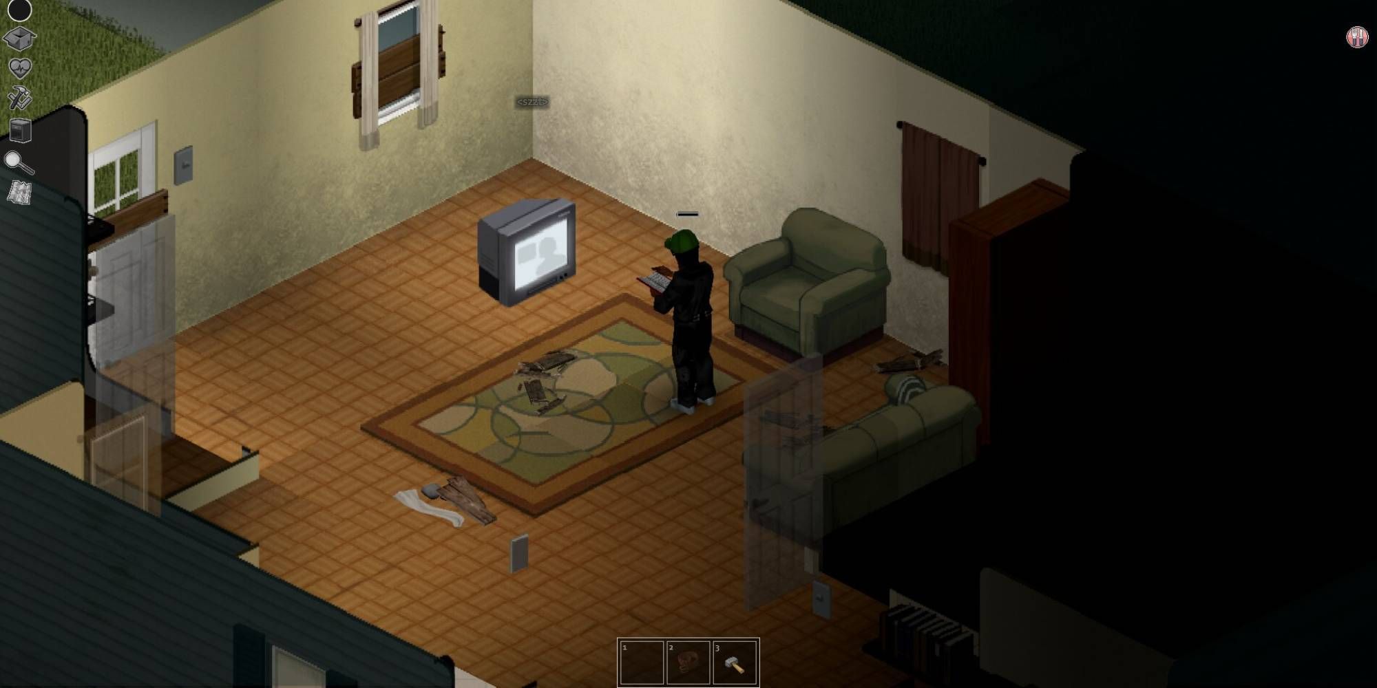 A figure in a dark home reading a book in Project Zomboid