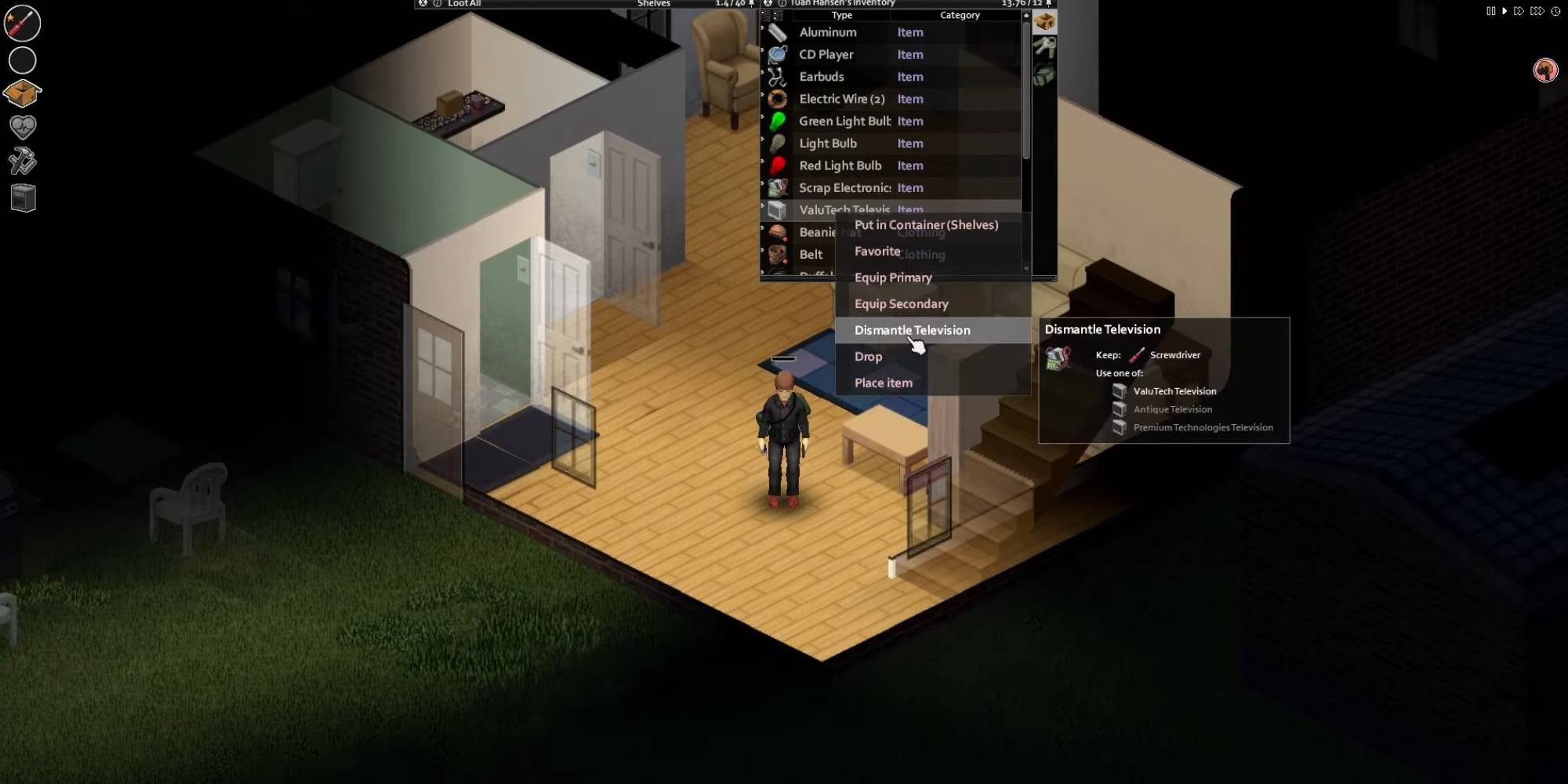 A man standing in a home with a drop down menu to dismantle a television