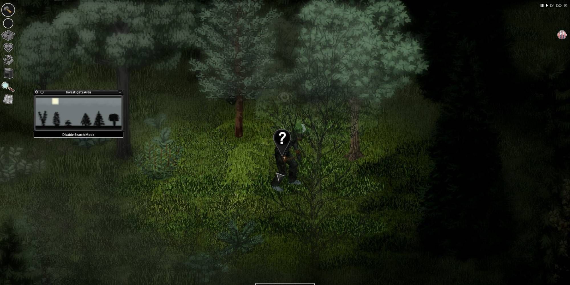 A man in a cap crouching down in a forest whilst foraging