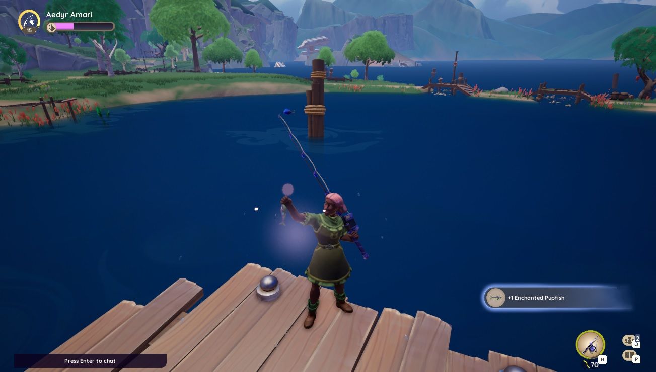 Player character at Fisherman's Lagoon in Kilima Valley in the day time, holding up a freshly caught Enchanted Pupfish in Palia.