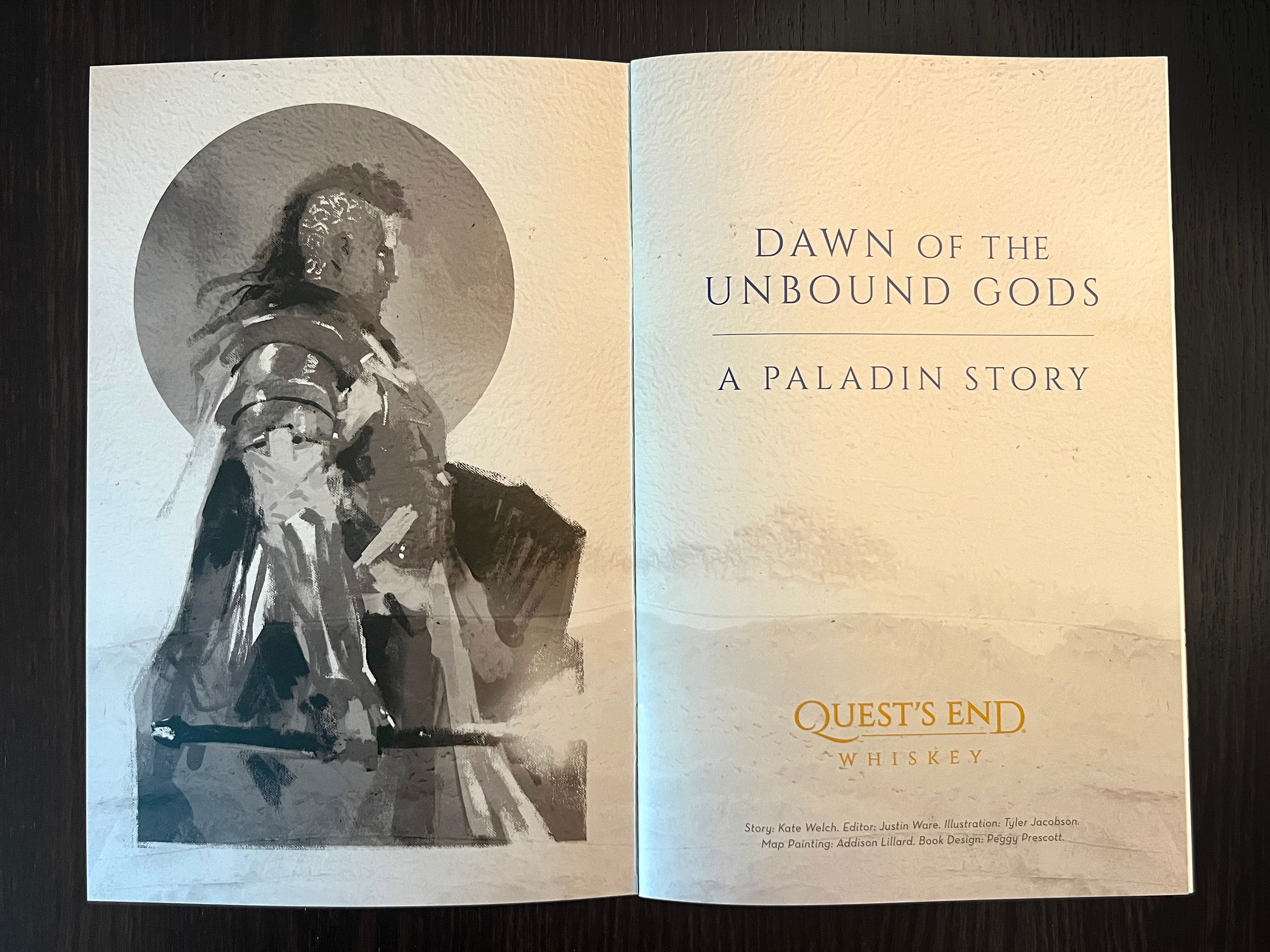 Quest's End: Paladin booklet showing black and white art of a Paladin on the left, with the title, "Dawn of the Unbound Gods - A Paladin Story" on the right. 