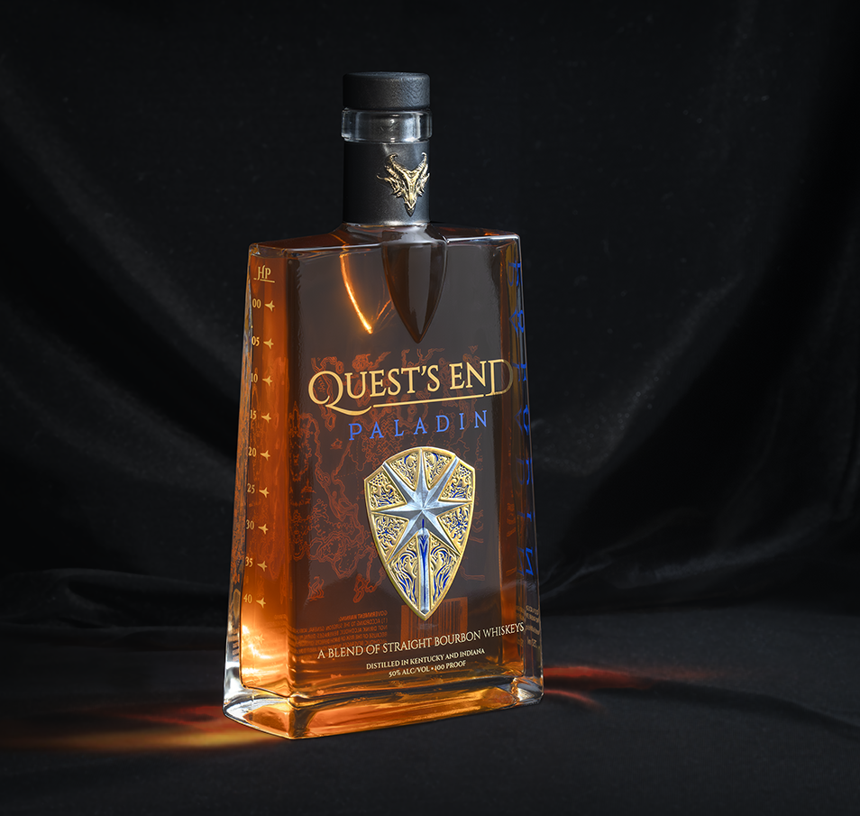 Quest's End Paladin Whiskey bottle on black fabric, glowing gold 