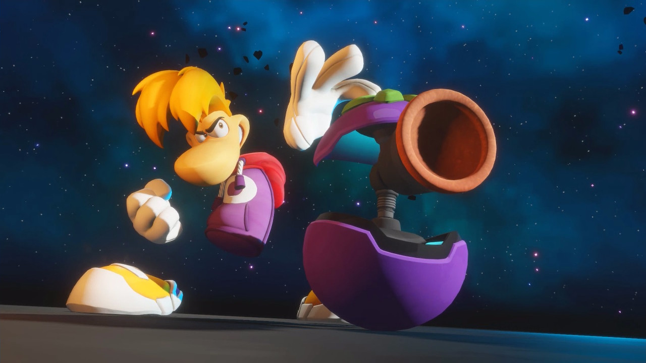 Rayman with a plum-shaped plunger turret in Mario + Rabbids: Sparks of Hope.