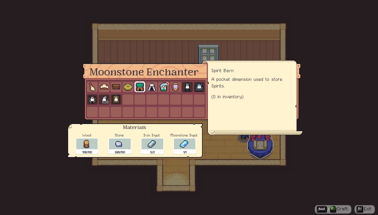 Player character inside their tent and interacting with the Moonstone Enchanter crafter, showing the Spirit Barn recipe and description for it in Moonstone Island.