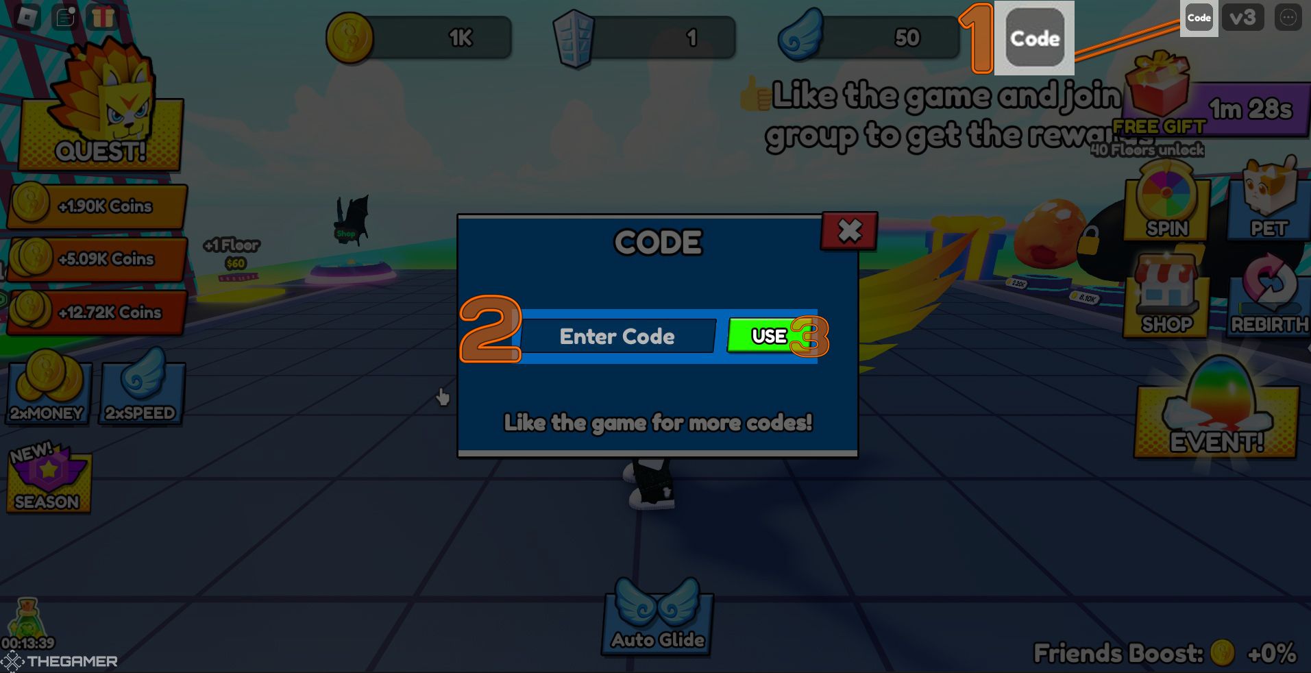 A step-by-step diagram for redeeming promo codes in the Roblox game Building Towers To Fly Farther.