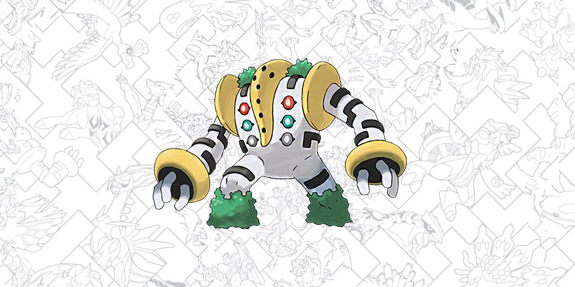 Regigigas on a stencilled Pokemon background.