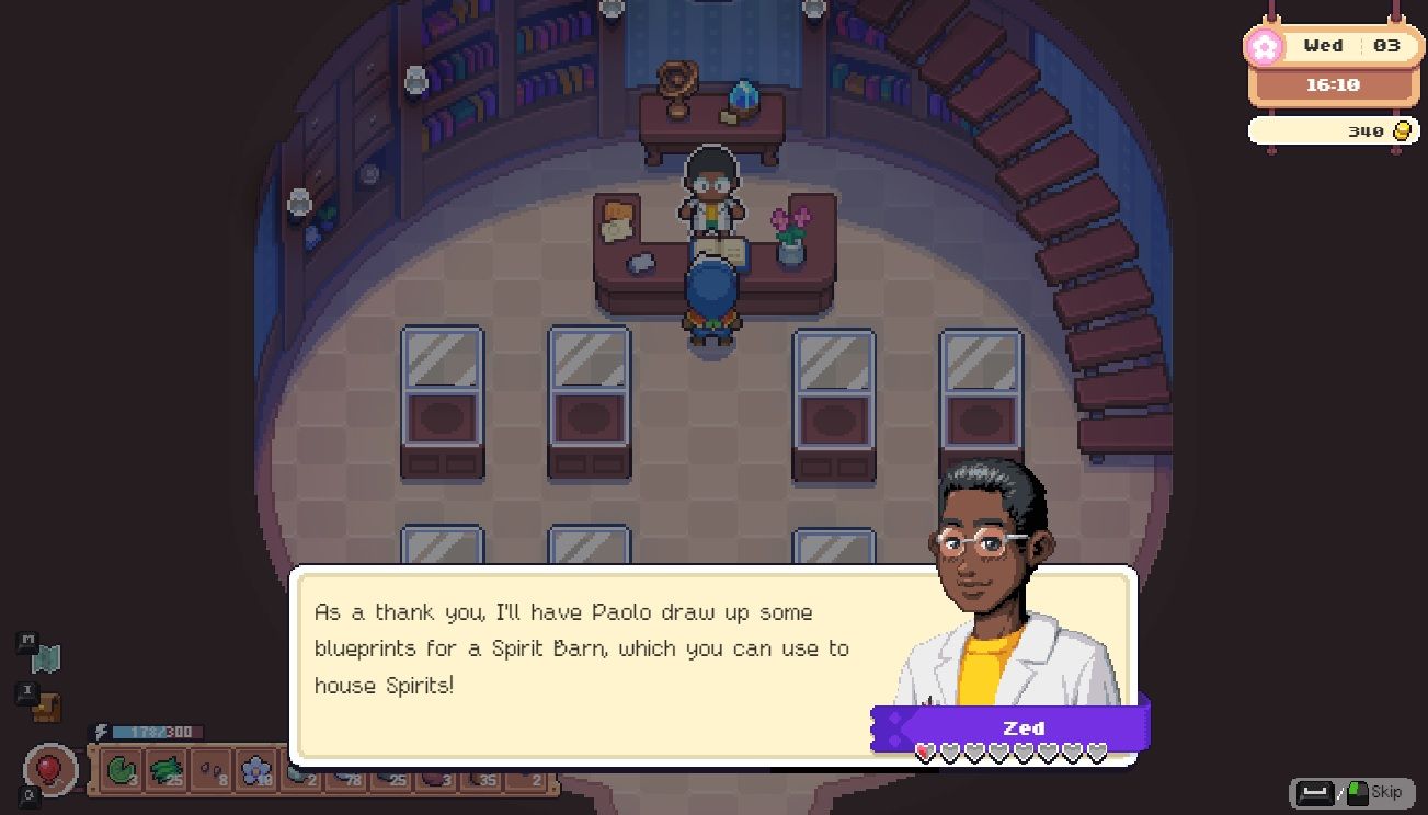Player character speaking to Zed while he's at his counter inside his tower and Zed promises to provide the player with Spirit Barn blueprints as a reward in Moonstone Island.