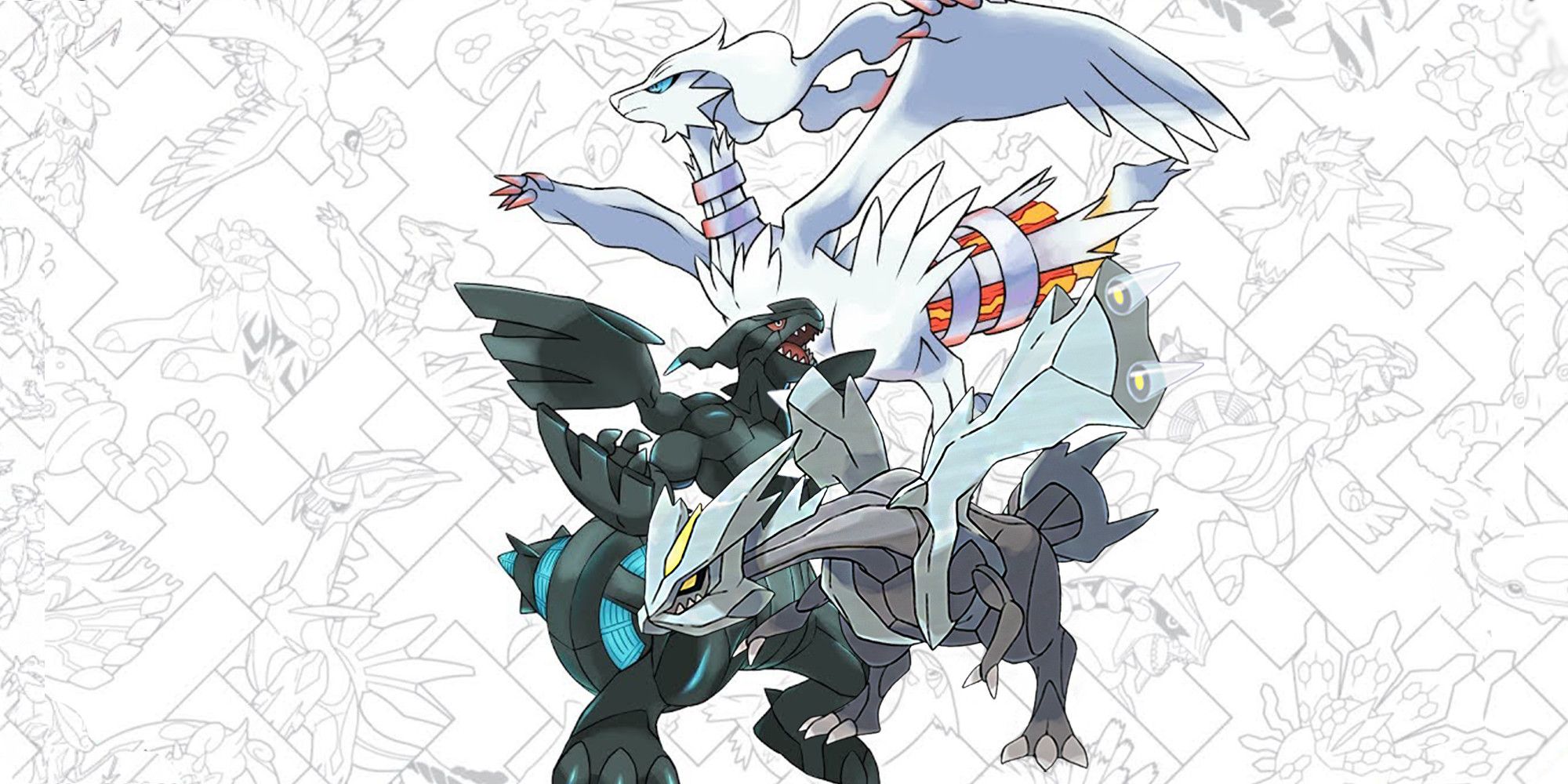 Reshiram, Zekrom, and Kyurem on a stencilled Pokemon background.