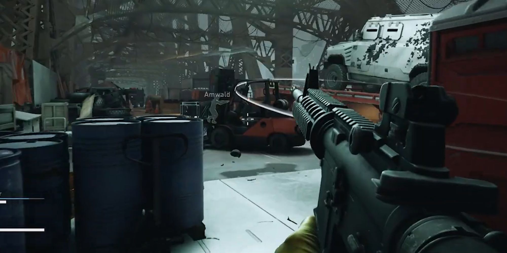 Road Rage heist in Payday 3 showing the player aiming an assault rifle at enemies on a bridge