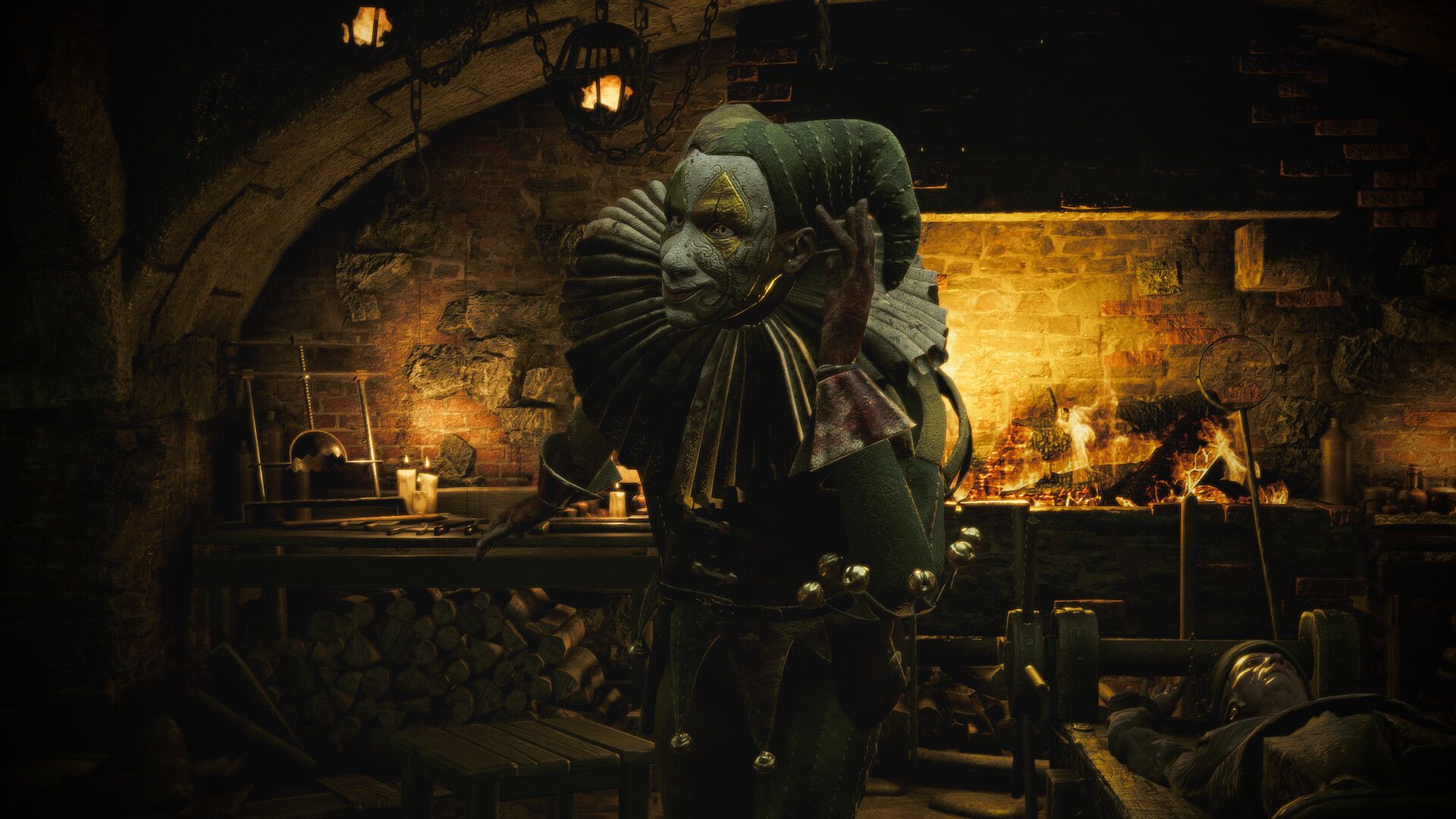 Roland in the mask and jester outfit in The Inquisitor.