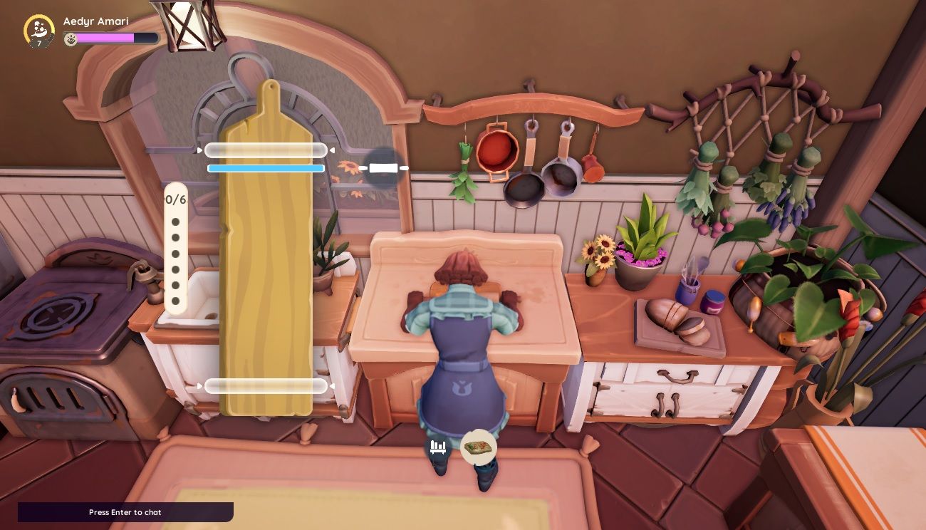 Player character during the rolling minigame while cooking, showing the cutting board UI, in Palia. 