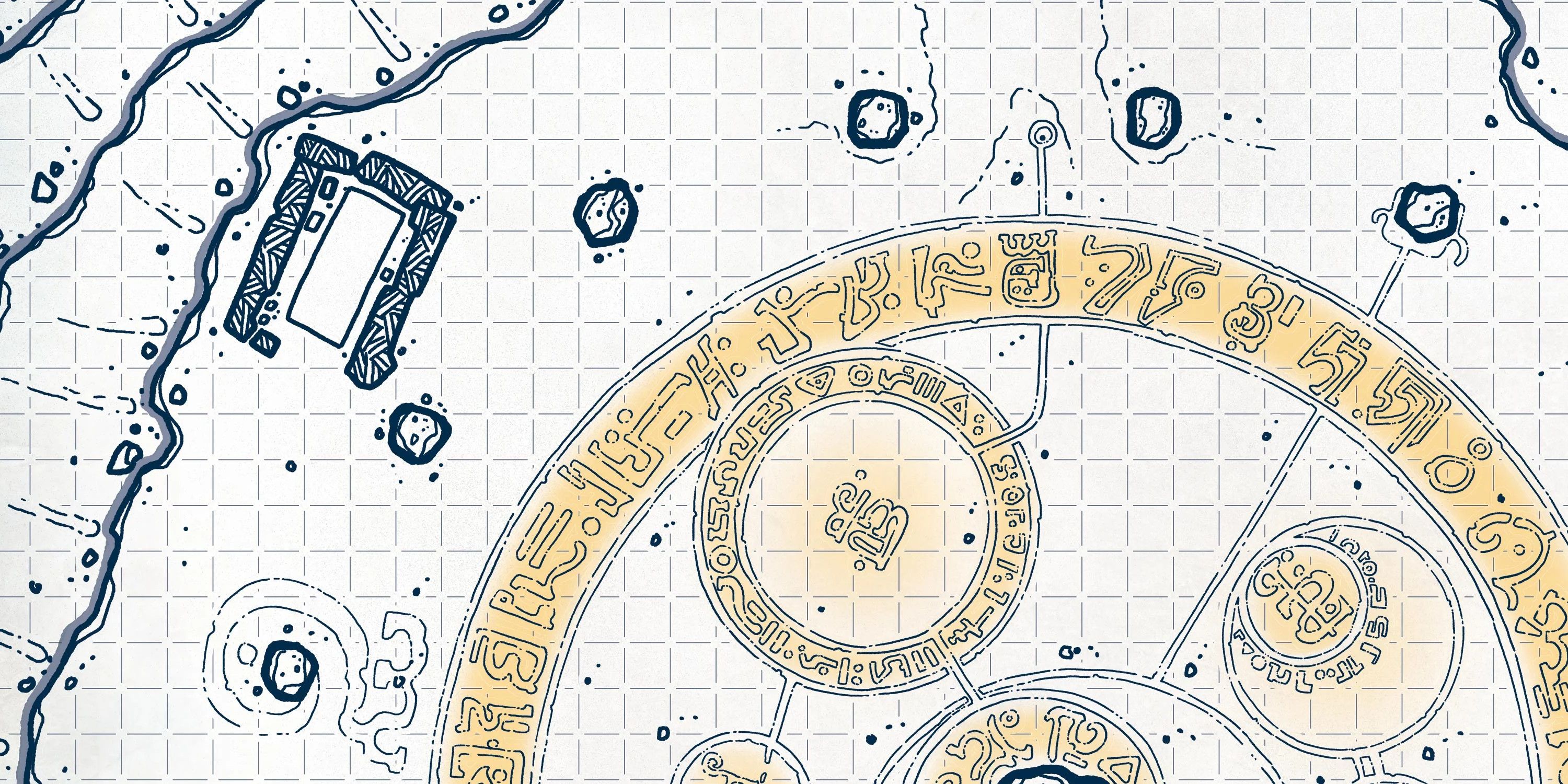 Pencil sketch style grid map of a huge, elaborate magical circle inscribed with runes. Around the circle are several stones.