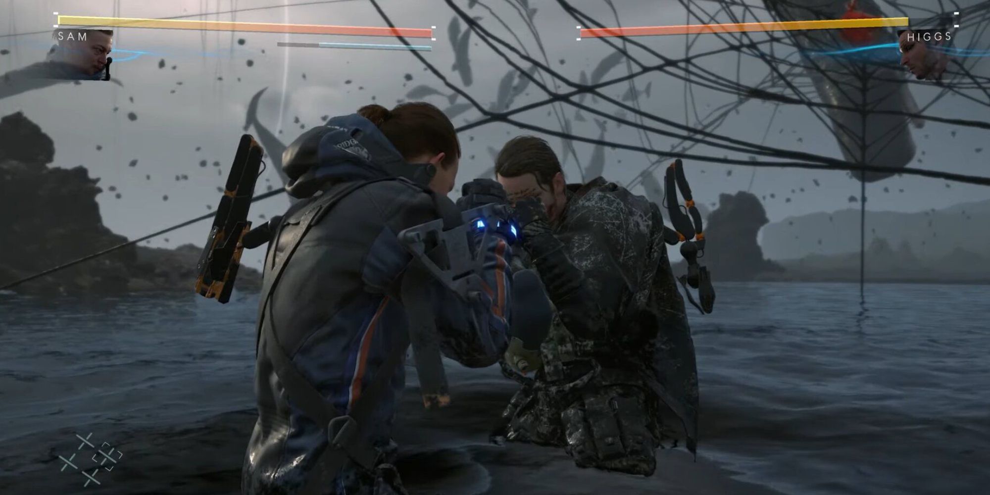 Sam and Higgs having a fist fight in water in death stranding