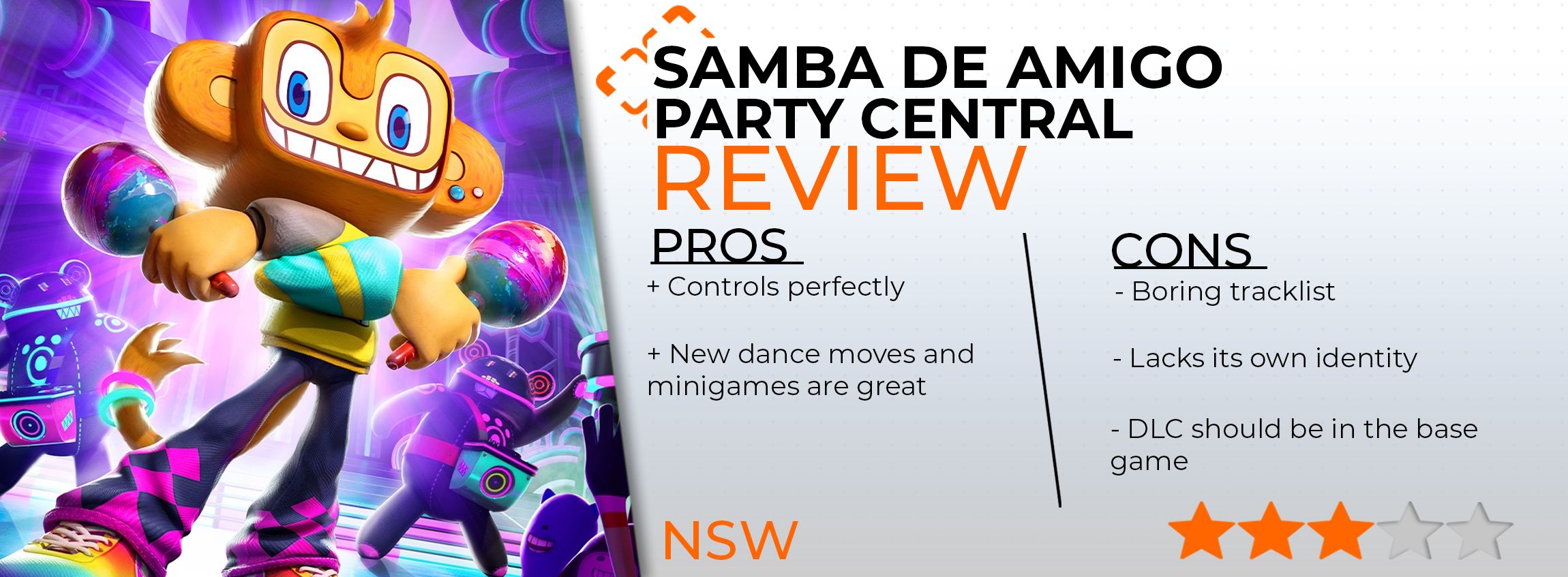 A review card listing my thoughts on Samba de Amigo: Party Central. It's scored 3 out of 5 stars. The pros are: Controls perfectly, and New dance moves and minigames are great. The cons are: Boring tracklist, Lacks its own identity, and DLC should be in the base game