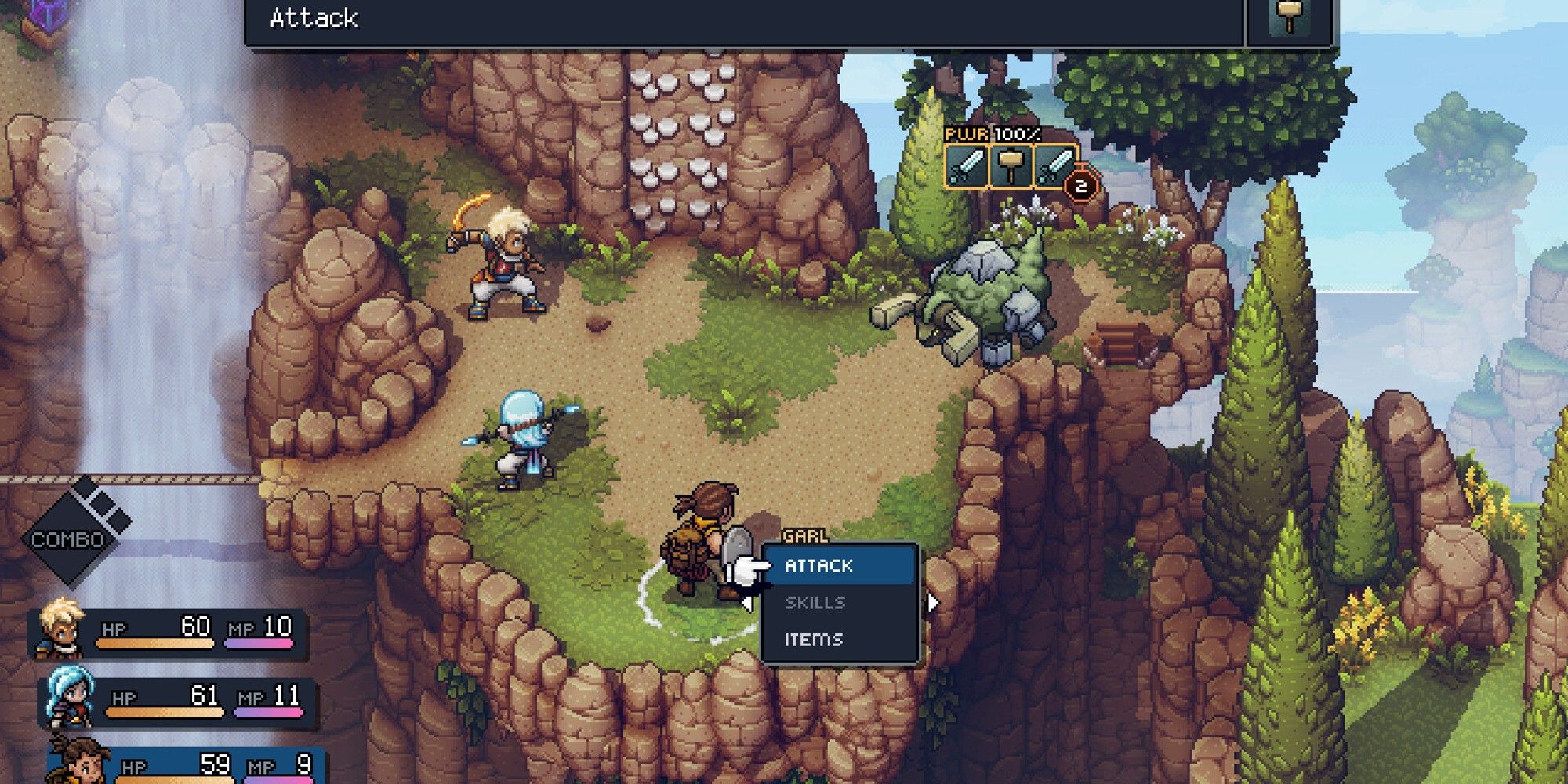 Zale, Garl, and Valere fighting a monster on a cliff in Sea of Stars.