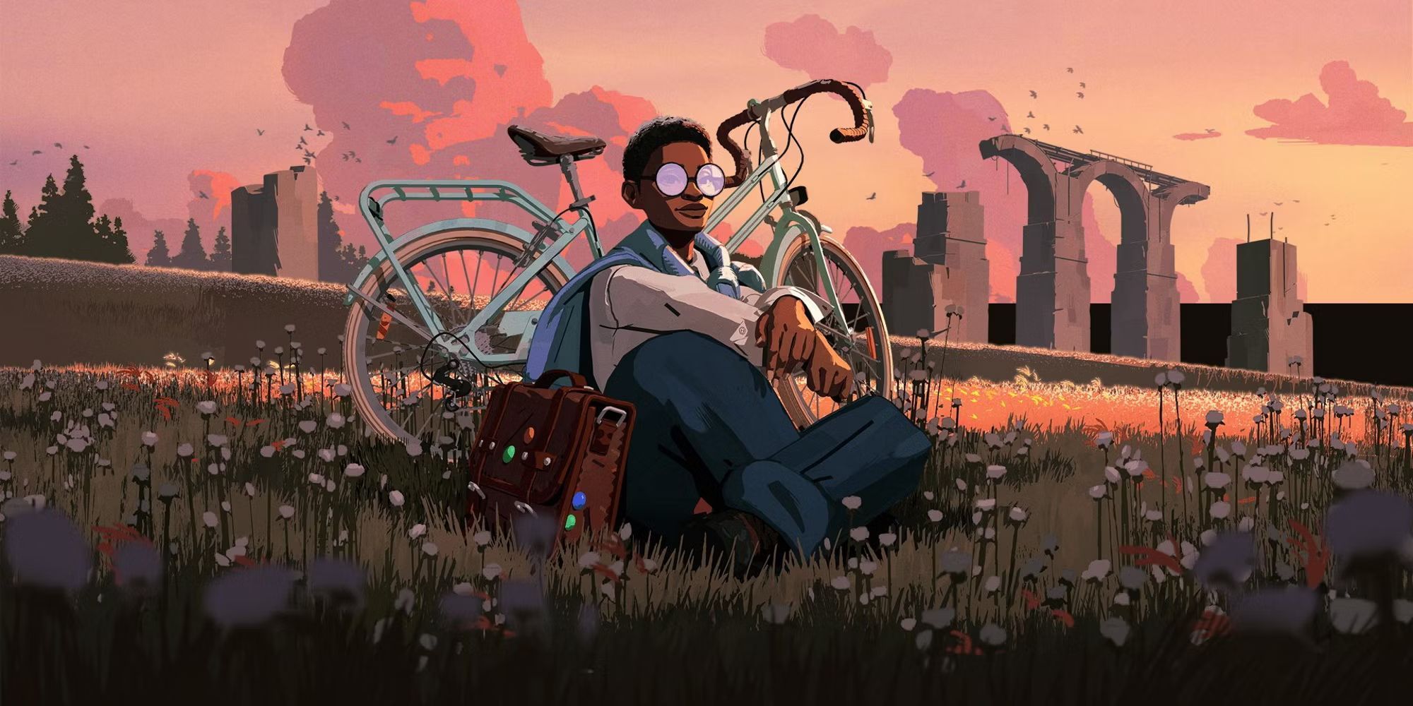 Estelle sits back against her bike in a field as the sun sets