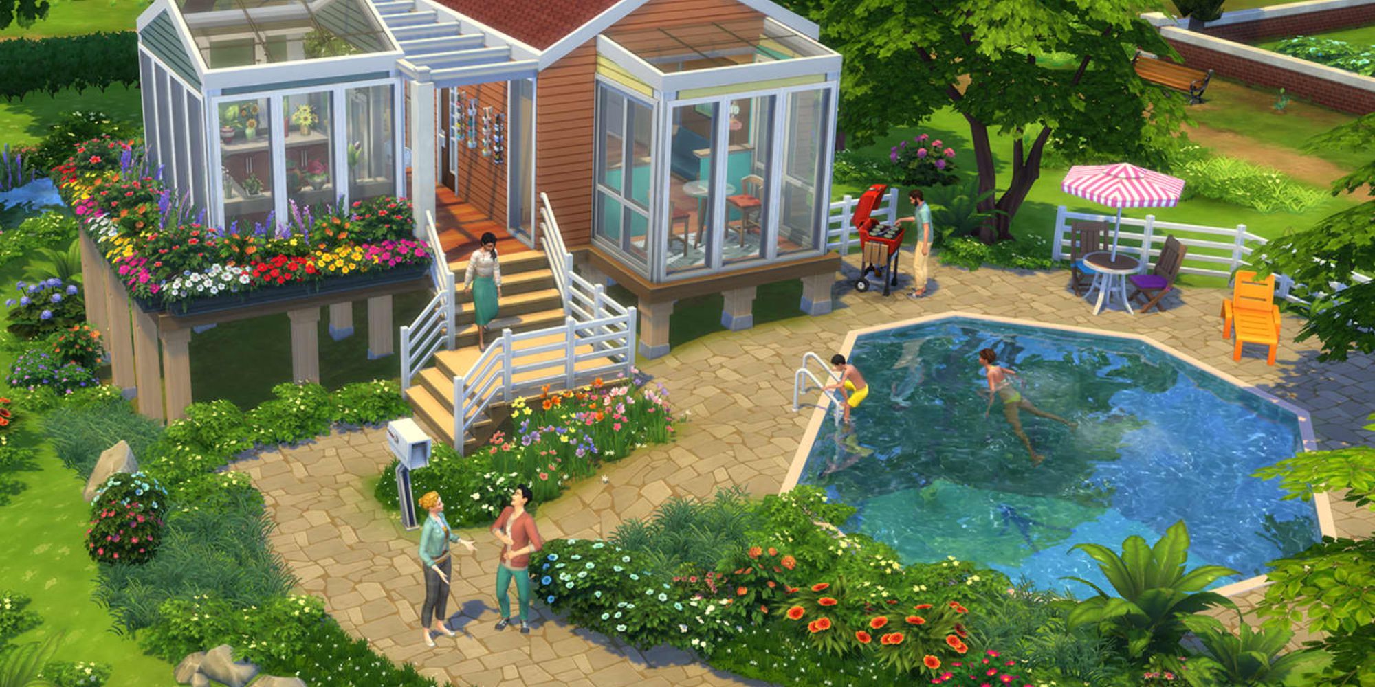 An image from the Sims 4 of backyard landscaping surrounding the stone pathways that lead to a pool. 
