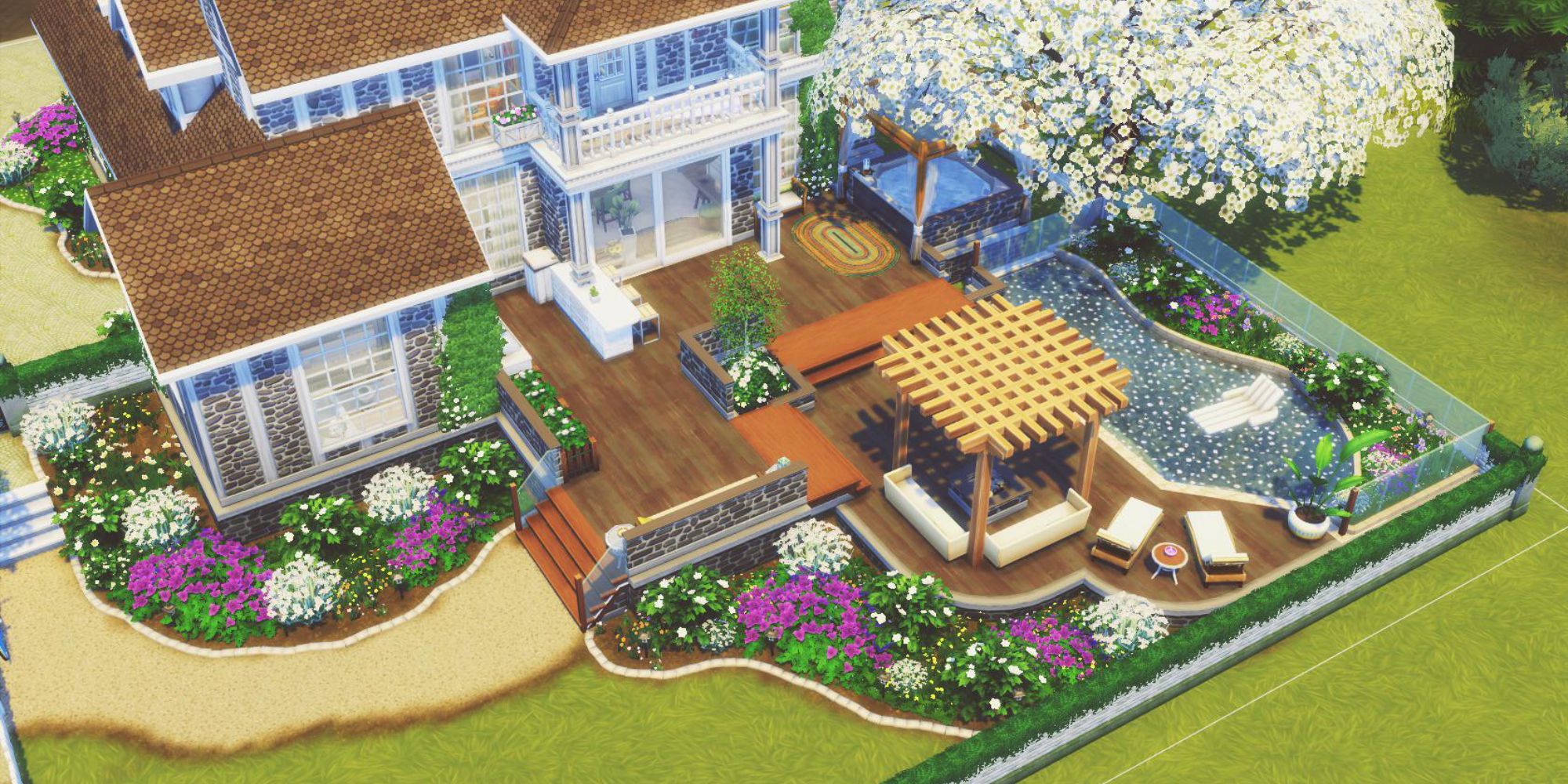 An image from the Sims 4 of a backyard that is decorated with multiple plants and terrain paints. The paints are best used to create dirt under your plants, so the entire landscaping looks more realistic.