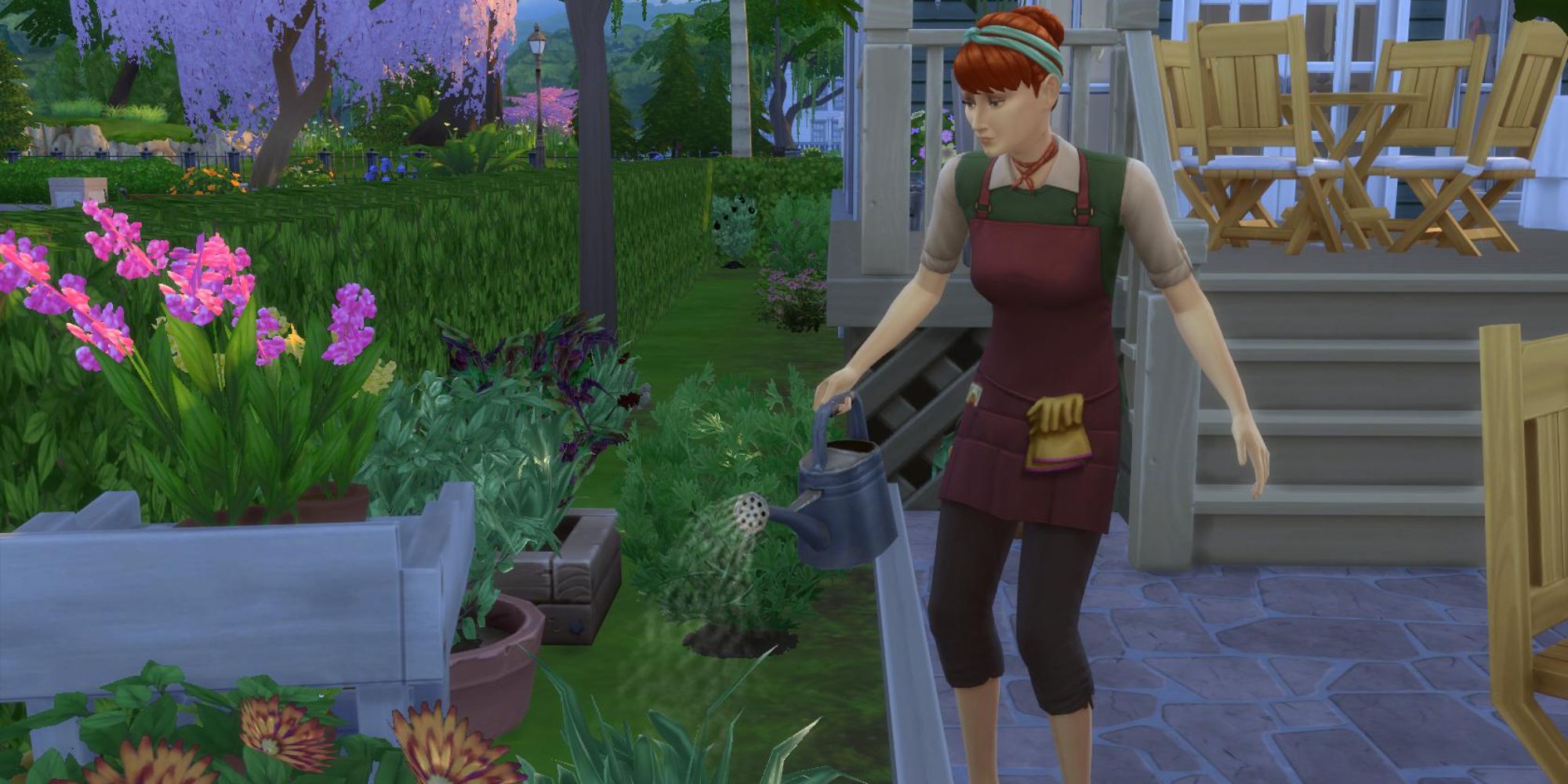 An image from the Sims 4 of a sim watering her plants.