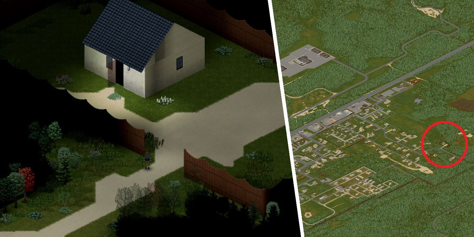 Split image of a small fenced house and Muldraugh from Project Zomboid