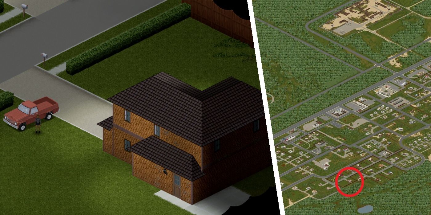 Split image of a southern fenced home and muldraugh from Project Zomboid