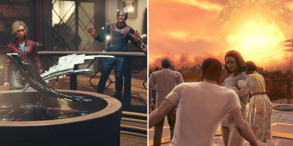 Split image of Starfield and Fallout 4 cutscene